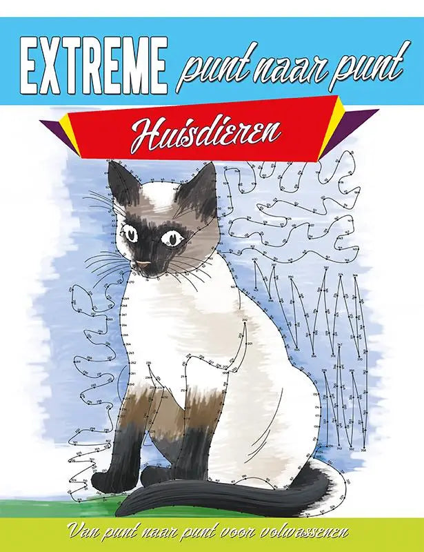 Illustratie van een siamees kat met zwart en crème bont en gedetailleerde stiklijnen op de cover van extreme punt naar punt huisdieren puzzelboek voor volwassenen
