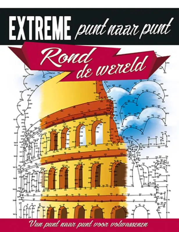 Een extreme punt naar punt kleurplaat van het colosseum in gele en oranje tinten tegen een blauwe lucht achtergrond