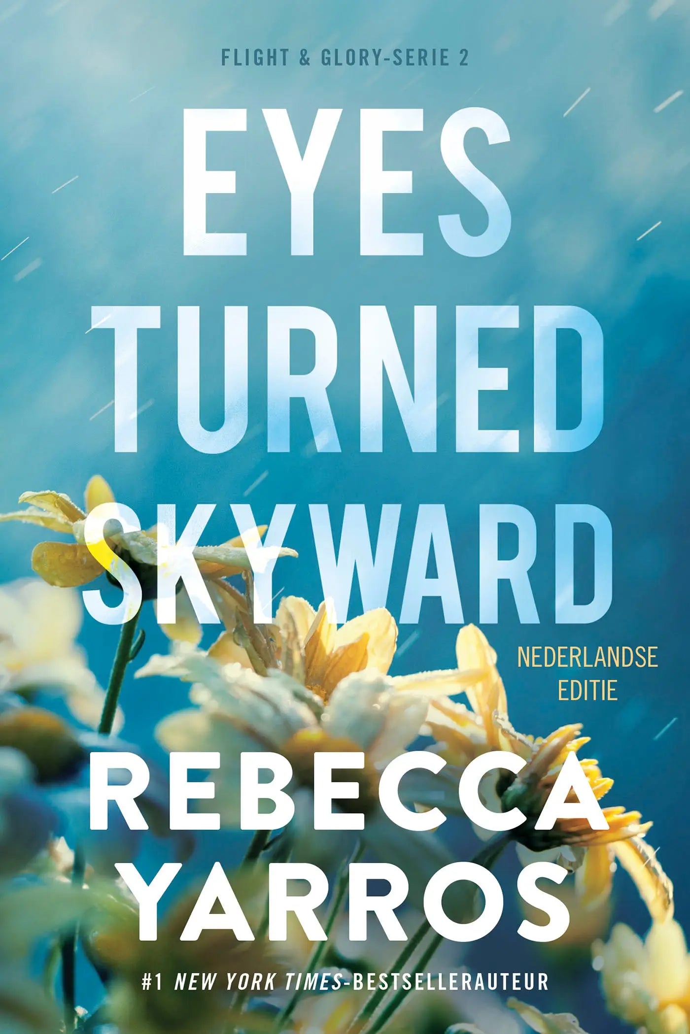 Blauwe boekomslag van eyes turned skyward door rebecca yarros met witte tekst en gele bloemen op een hemelblauwe achtergrond