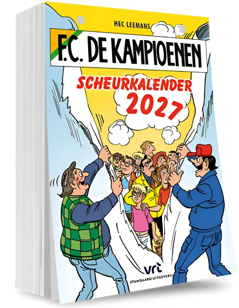 Dit is de voorkant van de f.c. de kampioenen scheurkalender 2027 met kleurrijke dagpagina’s en grappige illustraties