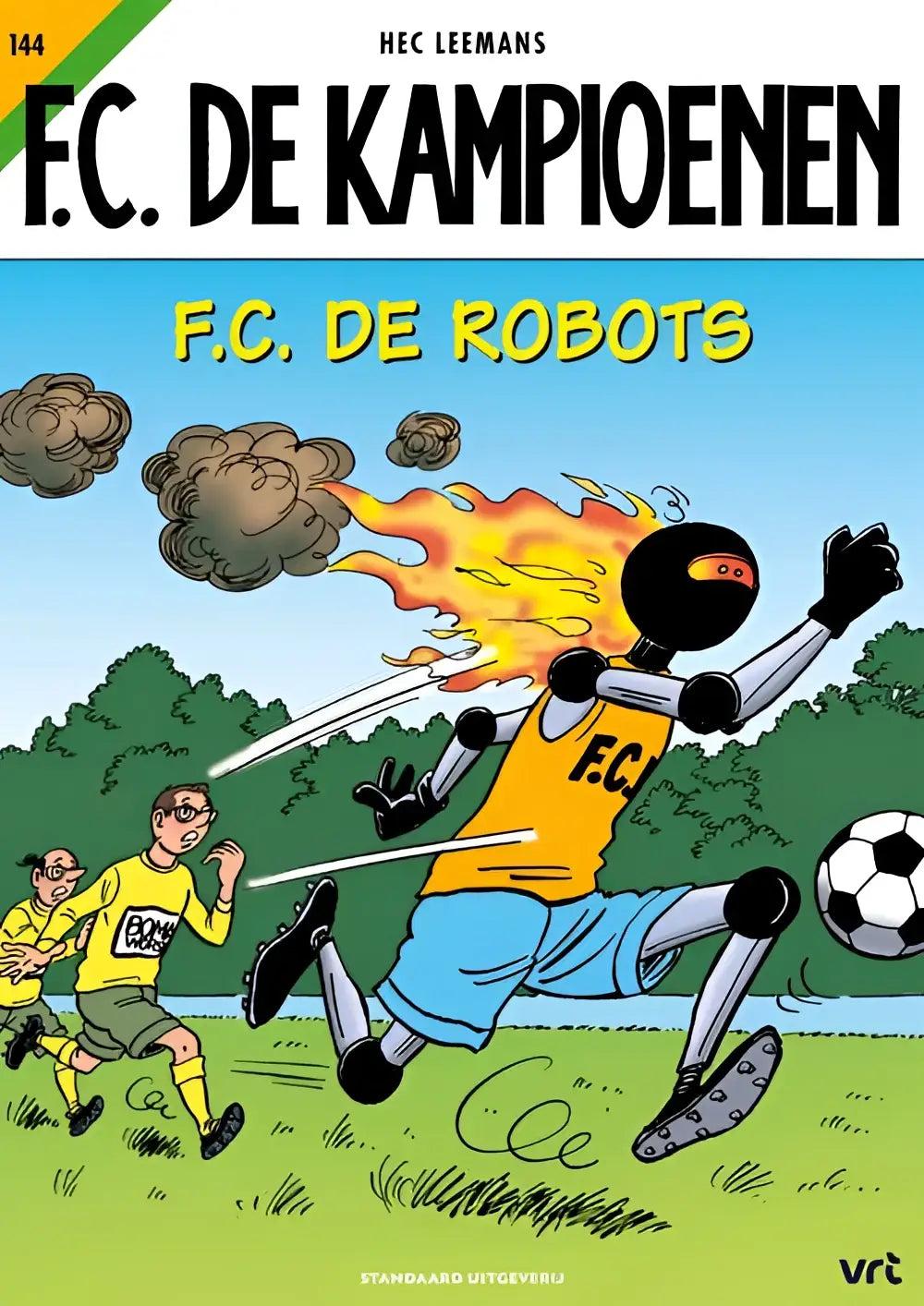Een cartoon robotvoetballer van f.c. de robots met gele jersey, blauwe korte broek, zwarte ledematen en vlammen uit het hoofddeksel