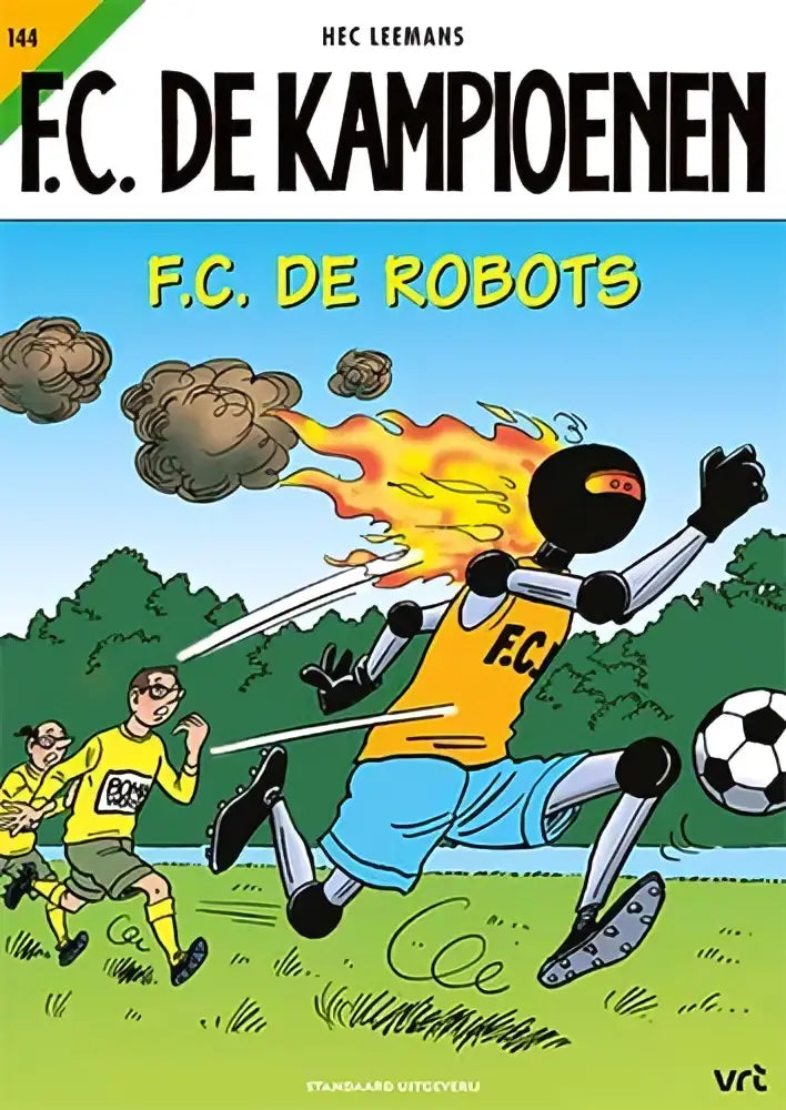 Een cartoon robot voetbalspeler in gele trui en blauwe broek met zwarte ledematen en vurige oranje vlammen op het hoofd voor hec leemans strips algemeen