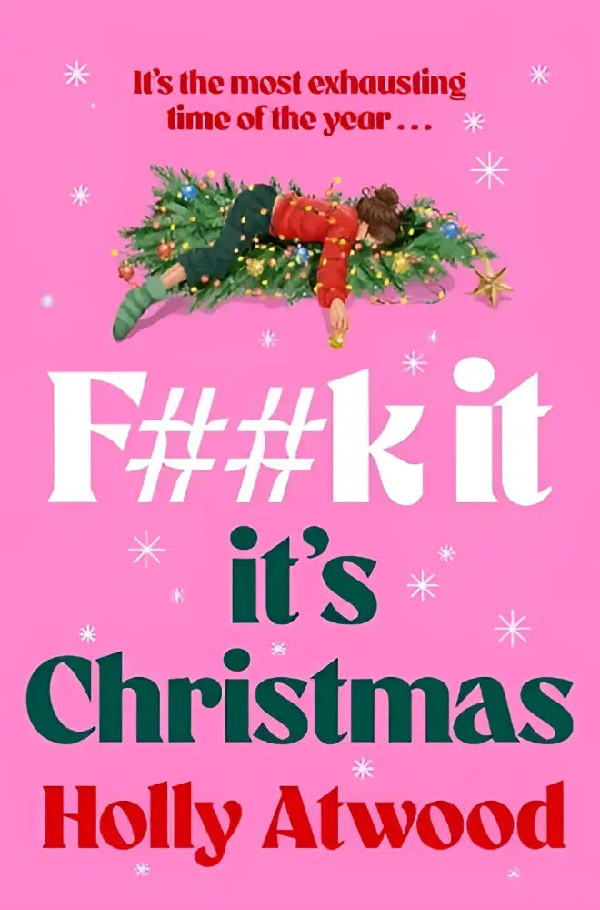 Roze boekcover met cartoonillustratie van iemand liggend op een kerstboom en titel it’s christmas door holly atwood pan macmillan