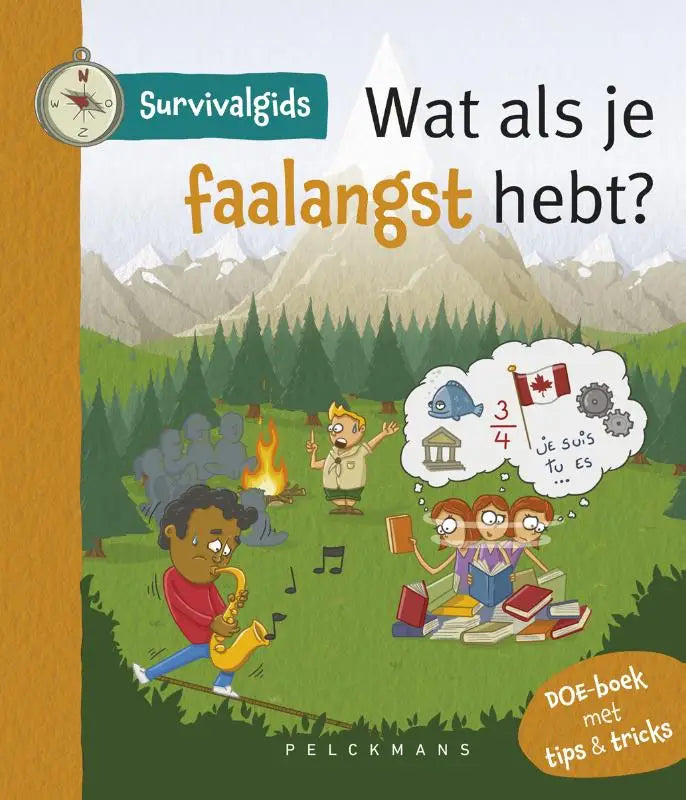Kinder overlevingsgids boek met kleurrijke cartoonillustraties en nederlandse tekst getiteld wat als je faalangst hebt