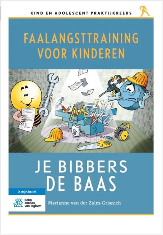 Blauwe boekcover van faalangsttraining voor kinderen met cartoonpersonages en gereedschap voor jonge lezers