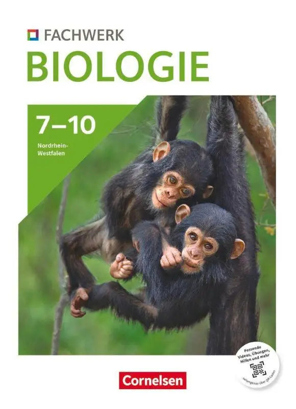 Groen-wit fachwerk biologie lesboek met animaties und digitalen hilfen toont zwarte chimpansees aan takken