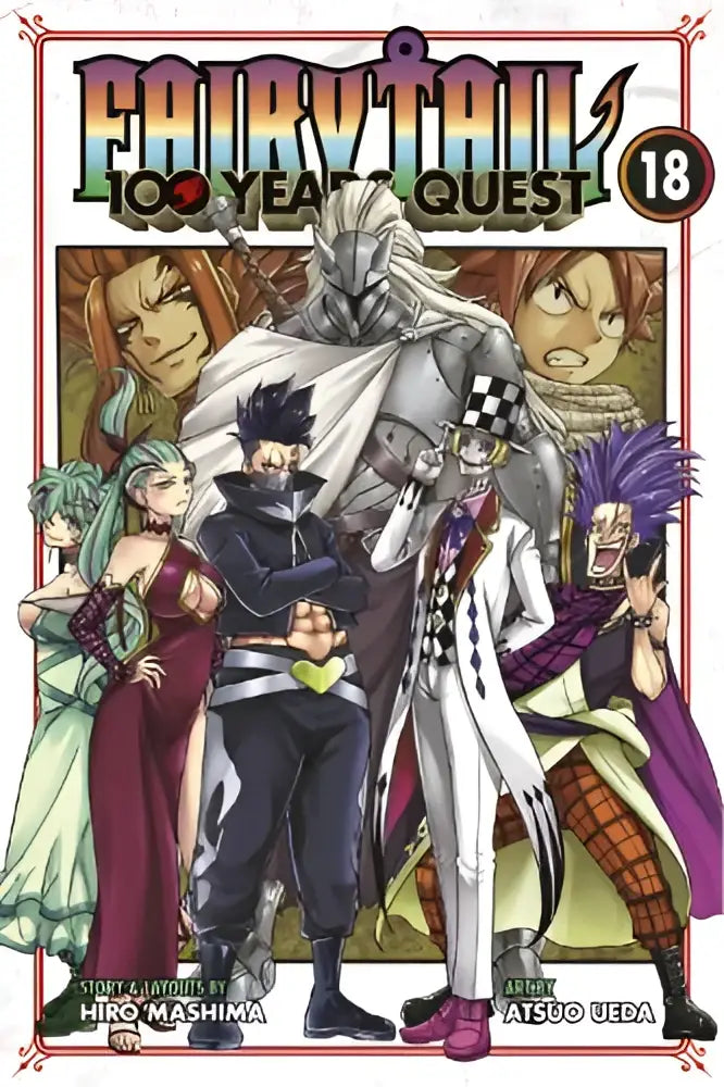 De omslag van fairy tail 100 years quest volume 18 manga boek toont een groep personages in dynamische poses