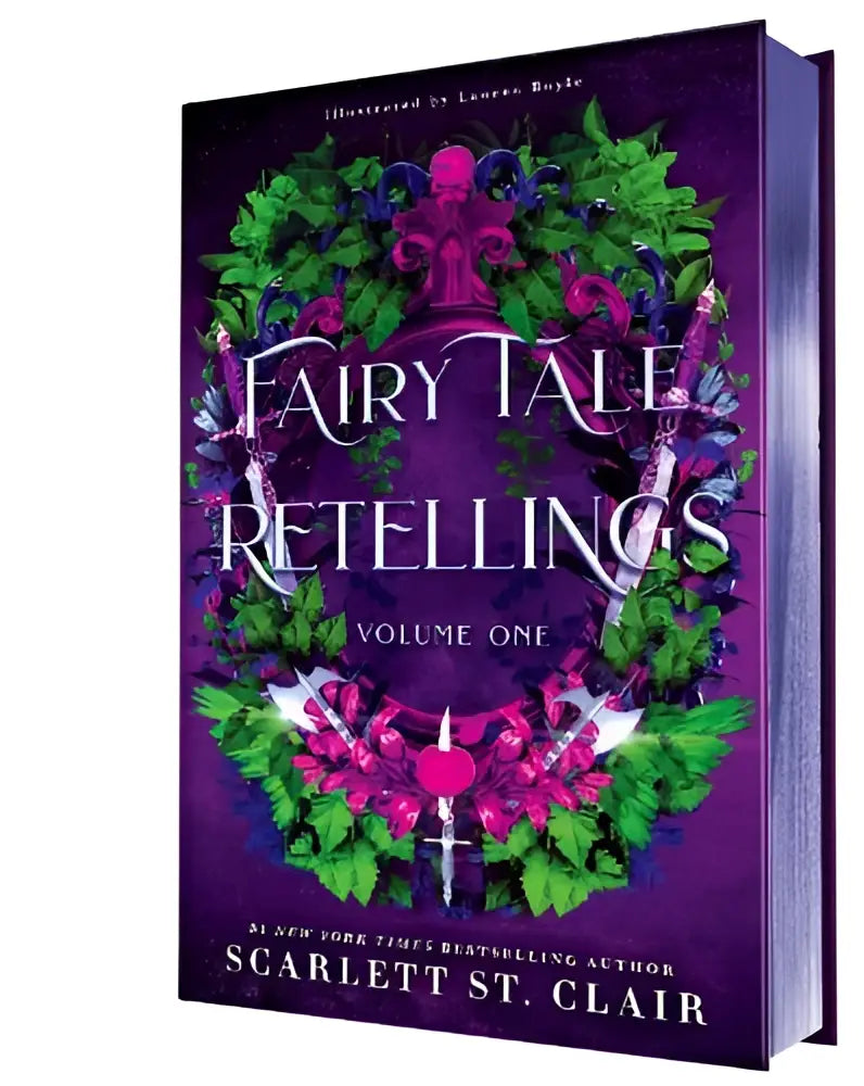 Paars hardcoverboek fairy tale retellings volume one met levendige groene bladeren en roze bloemen voor dark fae fantasy fans