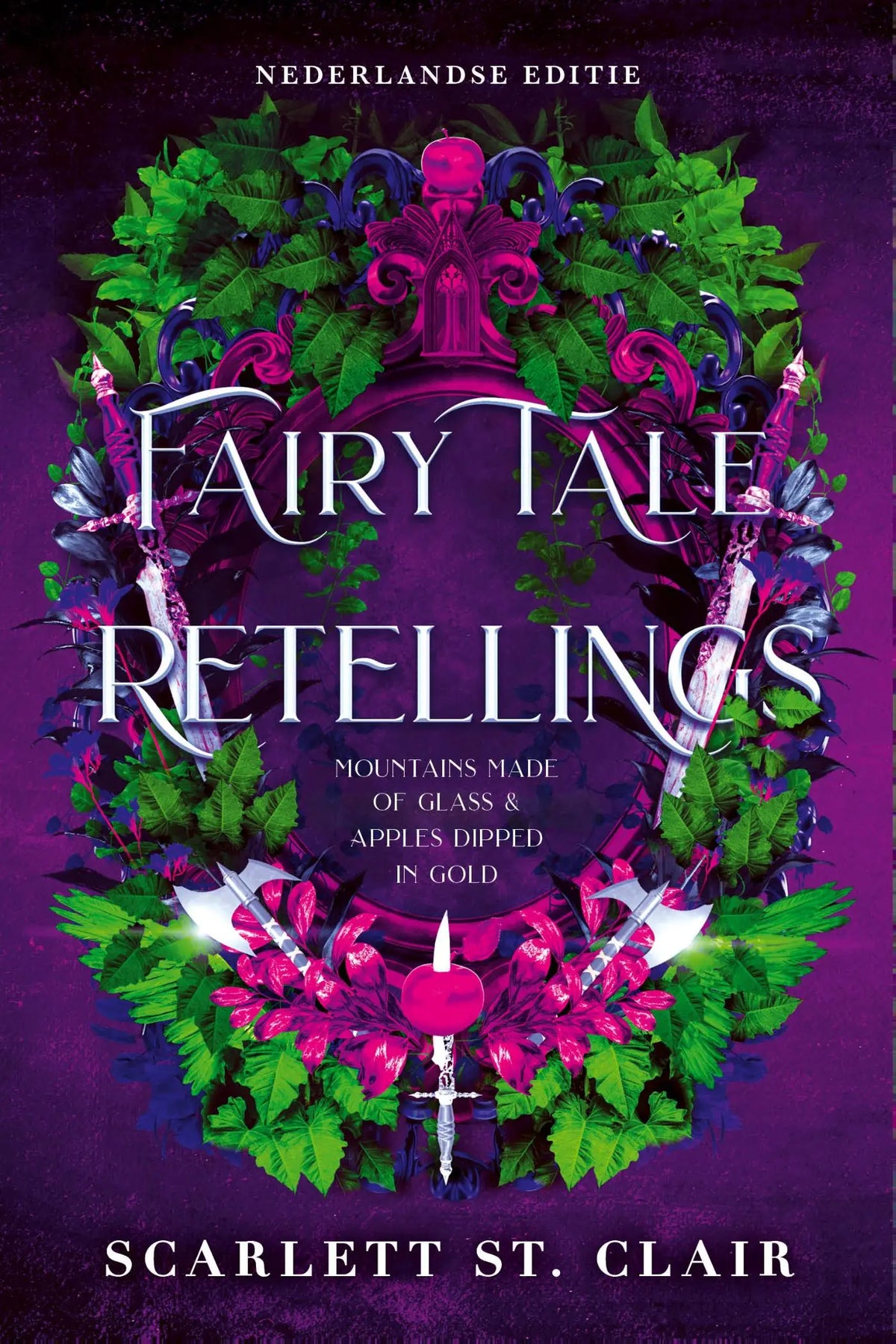 Paarse boekomslag fairytale retellings met decoratieve krans van groene bladeren en bloemen in elegante witte letters
