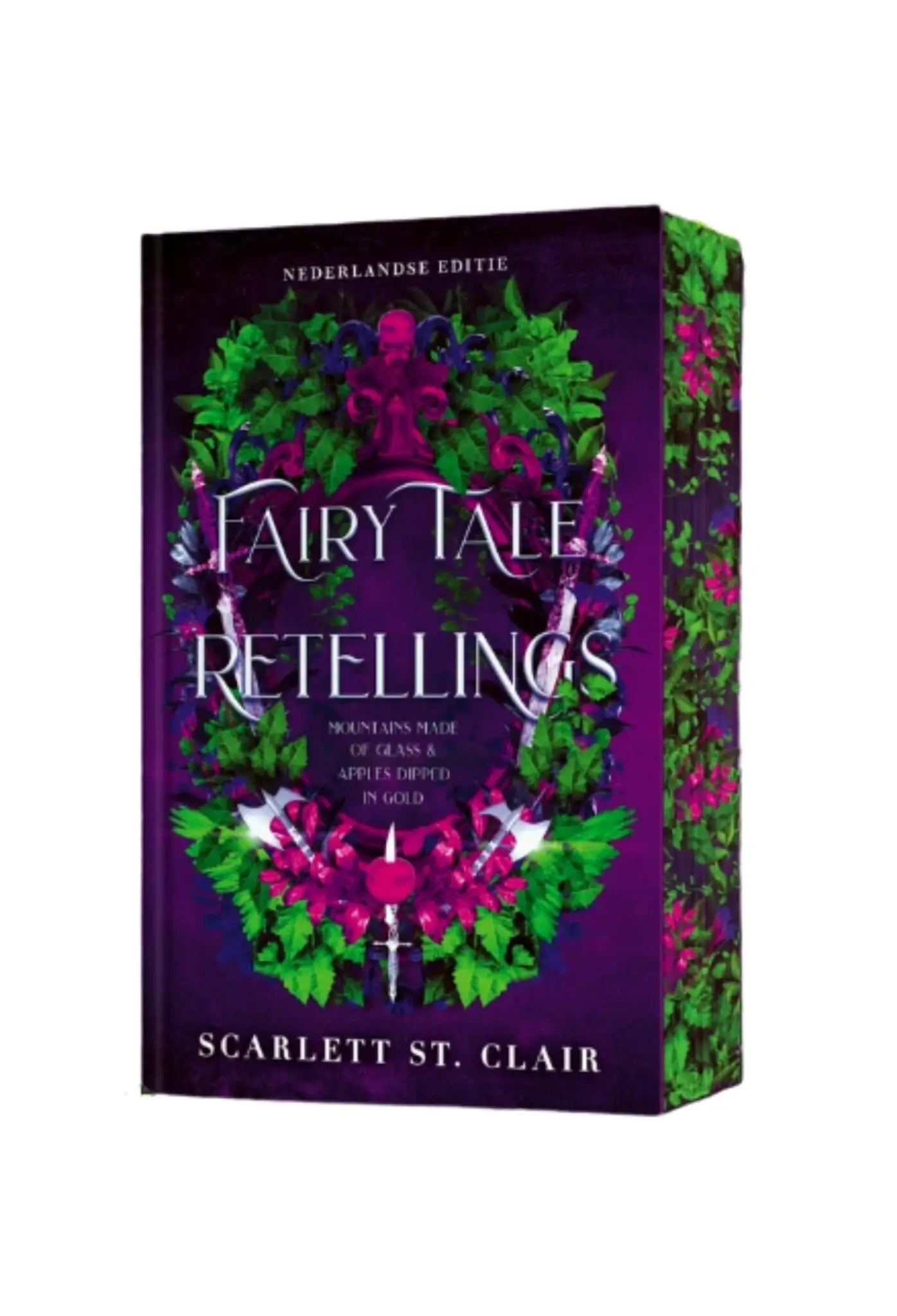 Paars boek met groene en roze bloemmotieven getiteld fairytale retellings van scarlett st clair speciale editie
