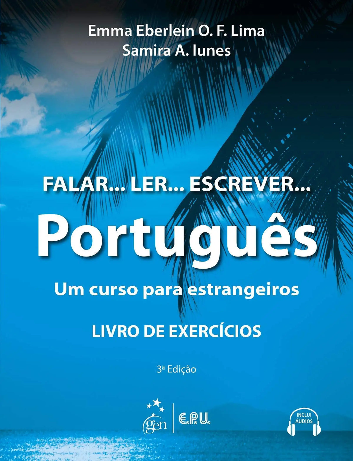 Blauw oefenboek voor het curso para estrangeiros falar ler schrijven português met palmboom en oceaan achtergrond