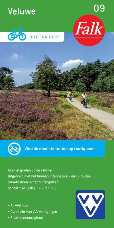 Falk vvv fietskaart 09 veluwe in groen en wit met rood logo topografische kaarten voor fietsnetwerk knooppunten