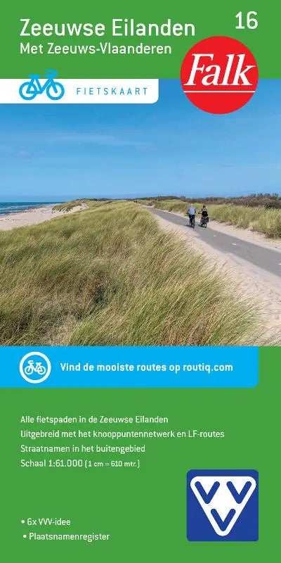 Falk vvv fietskaart 16 zeeuwse eilanden met groene omslag, witte tekst en rode logo voor fietsen in zeeland