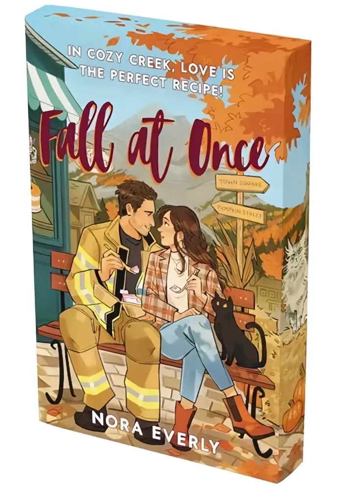 De boekcover van fall at once door nora everly toont een herfsttafereel met twee personages op een bankje tussen vallende bladeren en pompoenen met gestencilde randen