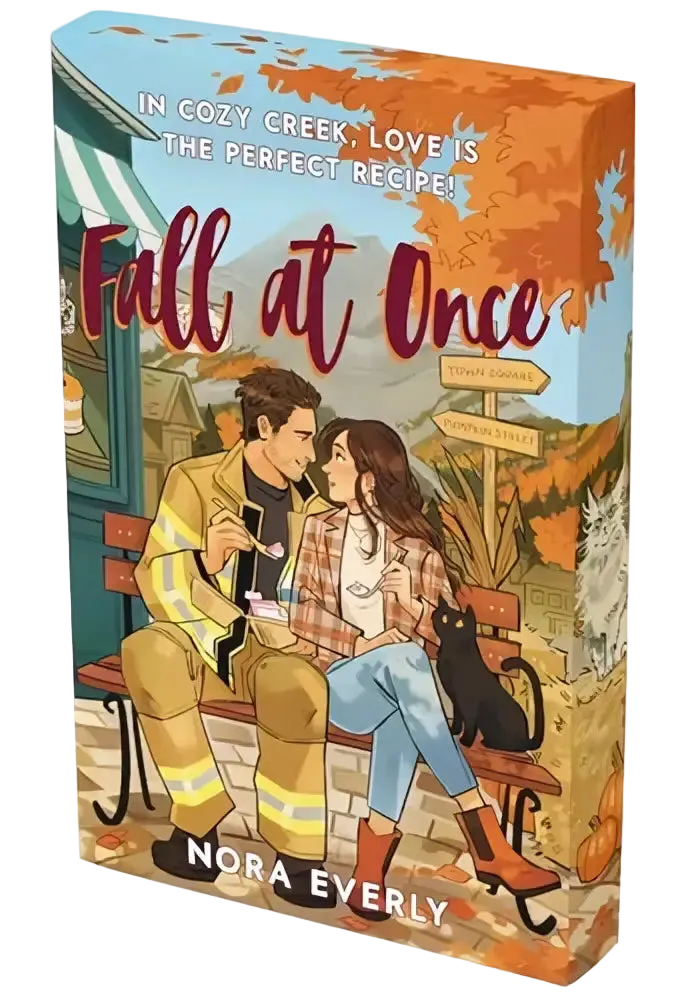 De boekcover van fall at once door nora everly toont een herfsttafereel met twee personages op een bankje tussen vallende bladeren en pompoenen met gestencilde randen
