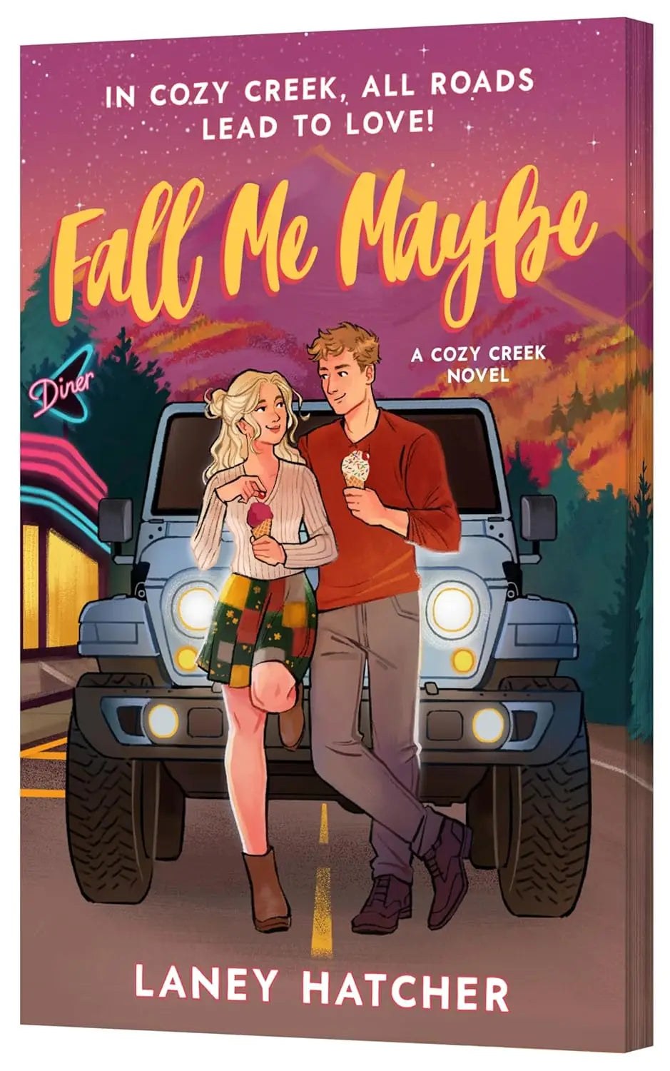 The book cover of Fall Me Maybe special edition by Laney Hatcher features a vibrant twilight scene with a cozy creek friends to lovers theme