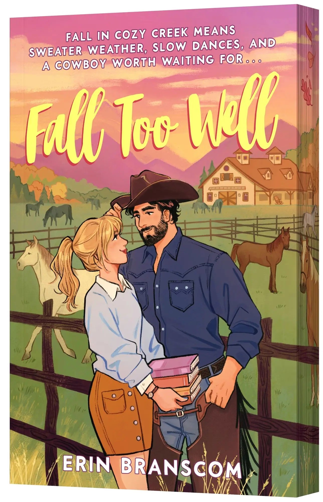 Romantische roman fall too well van erin branscom met levendige cover van cowboy en vrouw voor landelijke schuur bij zonsondergang