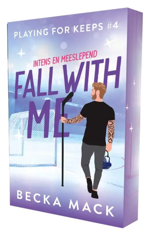 Paarse boekomslag van fall with me door becka mack met een geïllustreerde man in zwarte hockeykleding en een steamy hockeythema