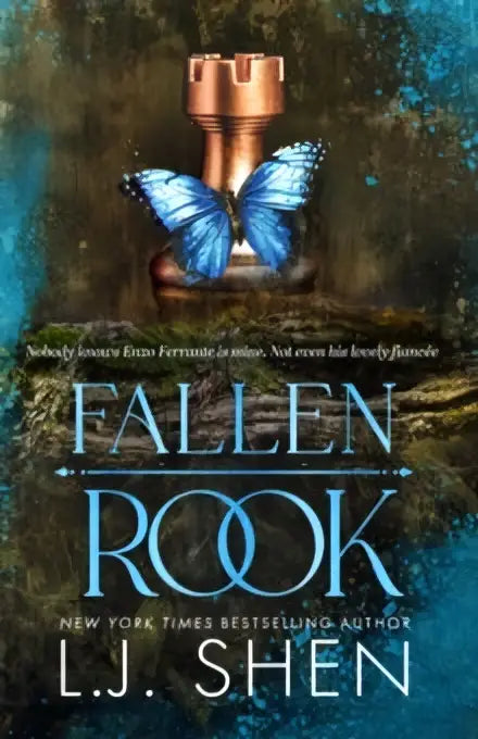 A blue butterfly perches atop a golden castle turret on the cover of fallen rook by L.J. Shen