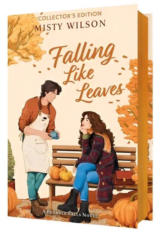 De cover van falling like leaves collectors edition toont een beige achtergrond met herfstillustraties en twee personages op een houten bank