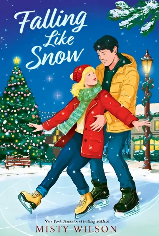 Een feestelijke kerstboekcover van falling like snow met een stel in winterkleding ijslopend en auteur misty wilson