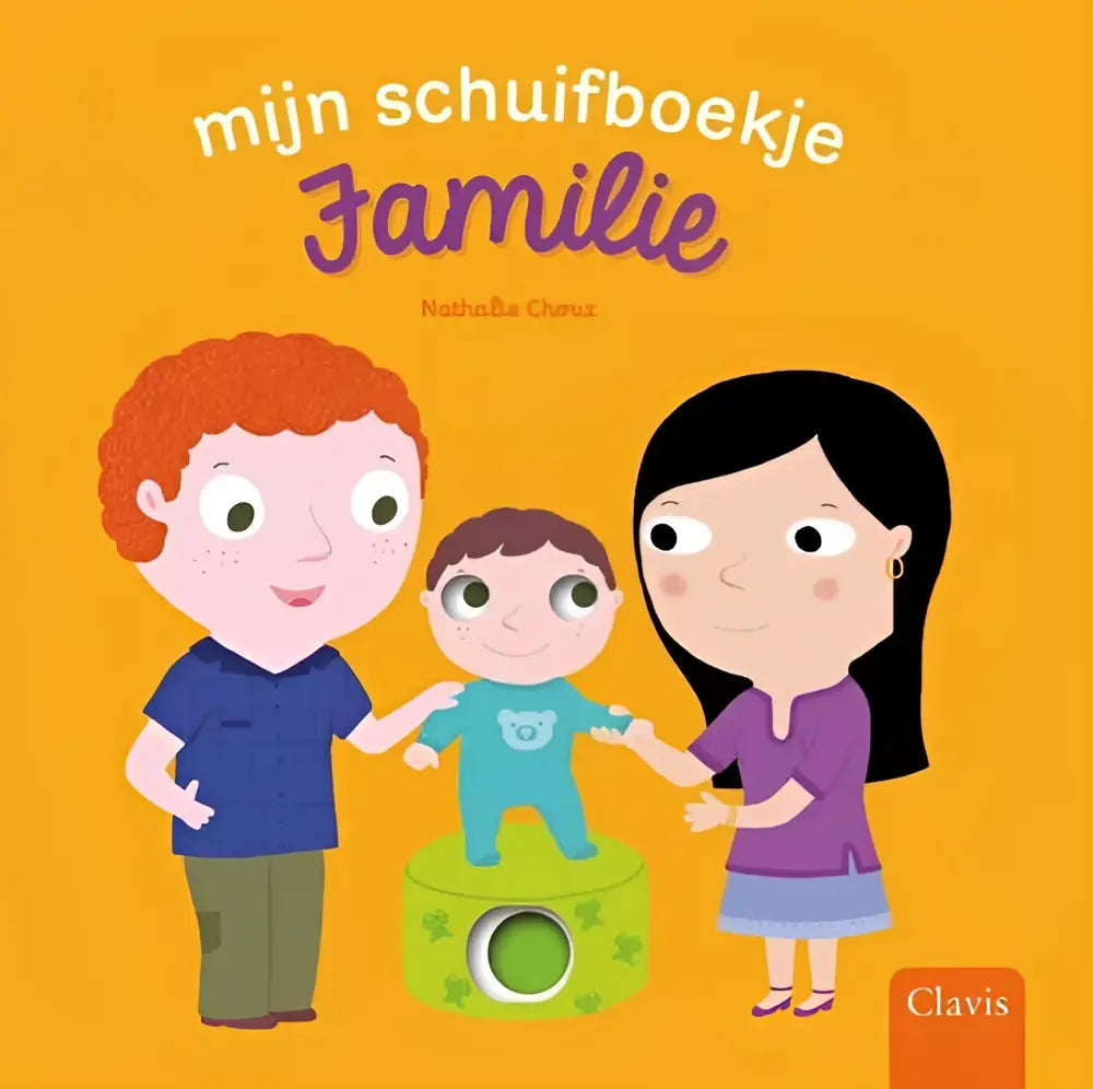 Bright orange nederlandstalig hardback children’s book mijn schuifboekje familie by nathalie choux published by clavis