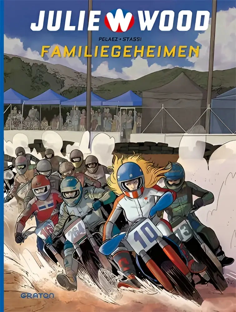 De cover van het geïllustreerde boek familiegeheimen door julie wood toont een dynamische motorrace met kleurrijke uitrusting
