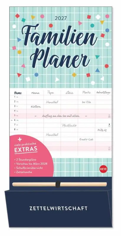 Familienplaner plus tasche 2027 met mintgroene rasterachtergrond en kleurrijke confetti, navy blauwe basis met zettelwirtschaft branding