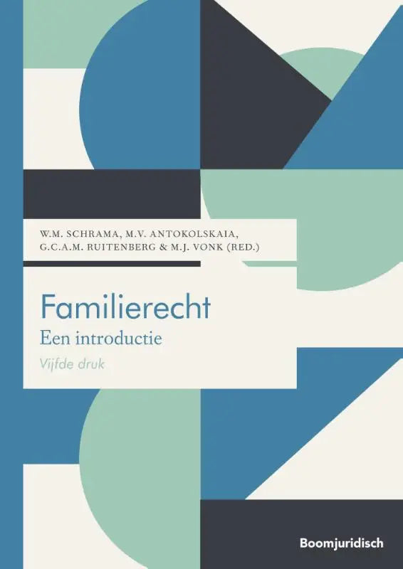 De boekcover van familierecht toont een modern geometrisch ontwerp in blauwtinten van koninklijke boom uitgevers