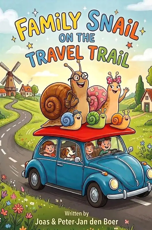 Blauwe volkswagen beetle met rood dak en cartoon familie slak op de travel trail voor kinderproduct