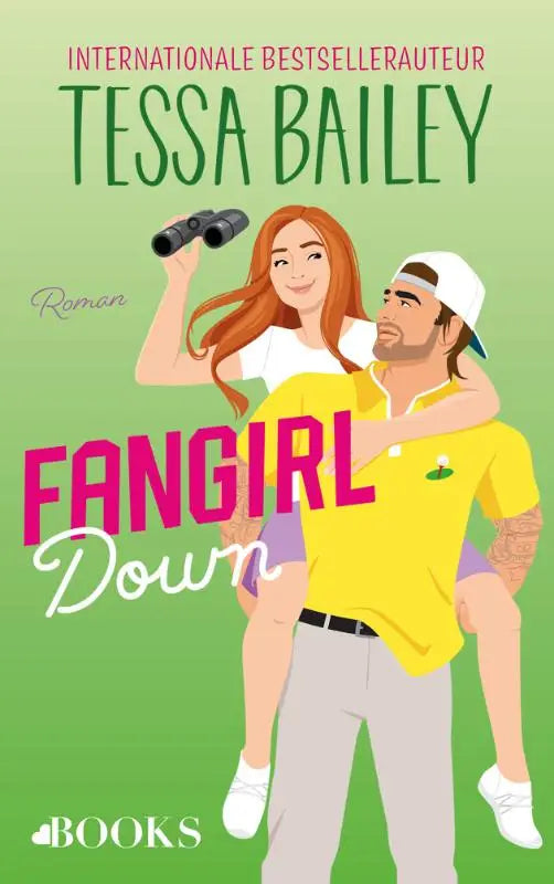 Paperbackboek fangirl down van tessa bailey met geïllustreerde cover van vrouw in wit met verrekijker en man in geel