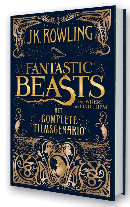 A navy blue hardcover book with gold foil detailing titled fantastic beasts and where to find by j.k. Rowling