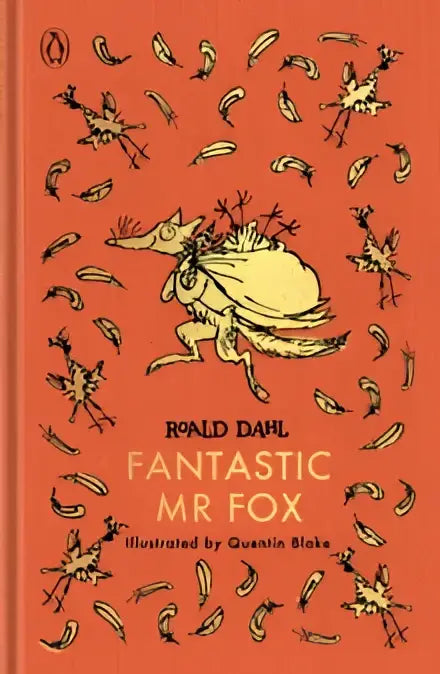 De oranje hardcover van fantastic mr fox door roald dahl toont een speelse illustratie van mr fox van de boer
