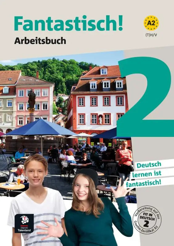 De cover van fantastich 2 arbeidsbuch talenland versie met twee lachende studenten voor kleurrijk plein binnen talen algemeen