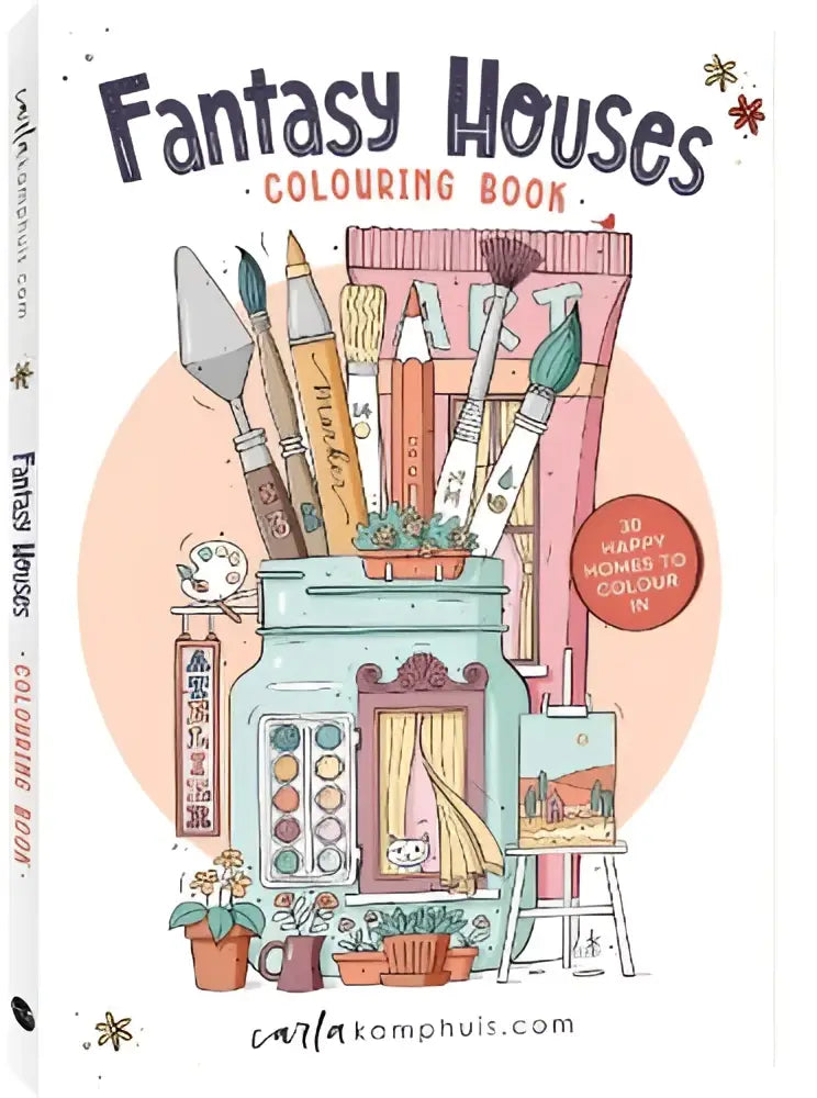 Fantasy houses kleurboek met een teal en roze fantasiehuis en kunstbenodigdheden voor happy homes om te kleuren