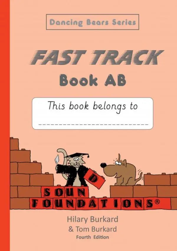 Een perzikkleurig educatief werkboek fast track book ab van de dancing bears serie met cartoonberen op muurontwerp