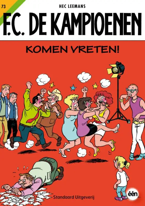 Vibrante rode comicstrip cover komen vreten met dynamische cartoonfiguren en de naam hec leemans duidelijk zichtbaar