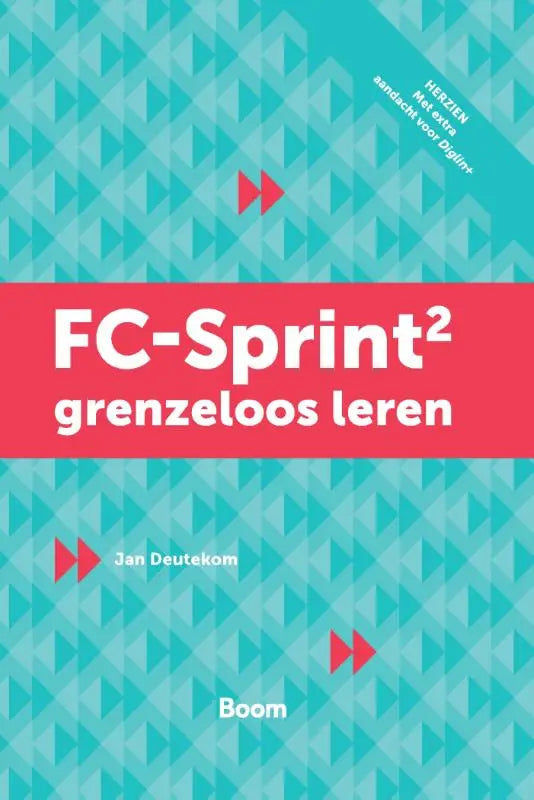 De cover van het fc-sprint² boek toont een teal geometrisch patroon met rode pijlen en witte tekst op een roze banner voor grenzeloos leren