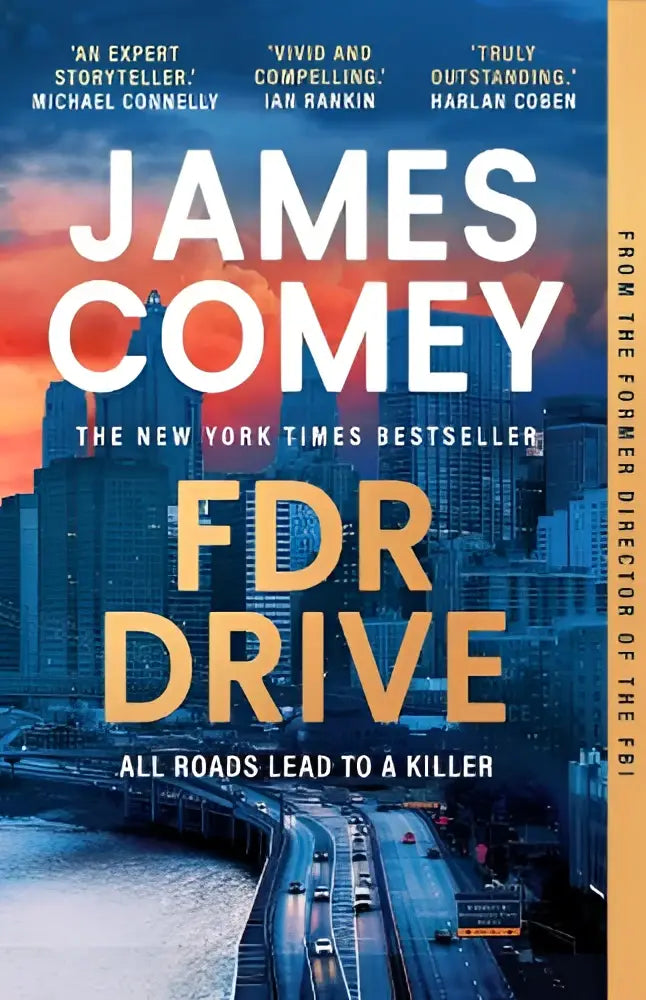 De fdr drive boekcover toont de titel in gouden letters tegen een stadsgezicht in een nora carleton legal thriller