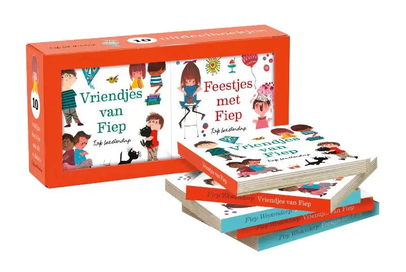 Oranje kartonnen doos met tien fiep uitdeelboekjes van fiep westendorp voor jonge lezers met kleurrijke illustraties