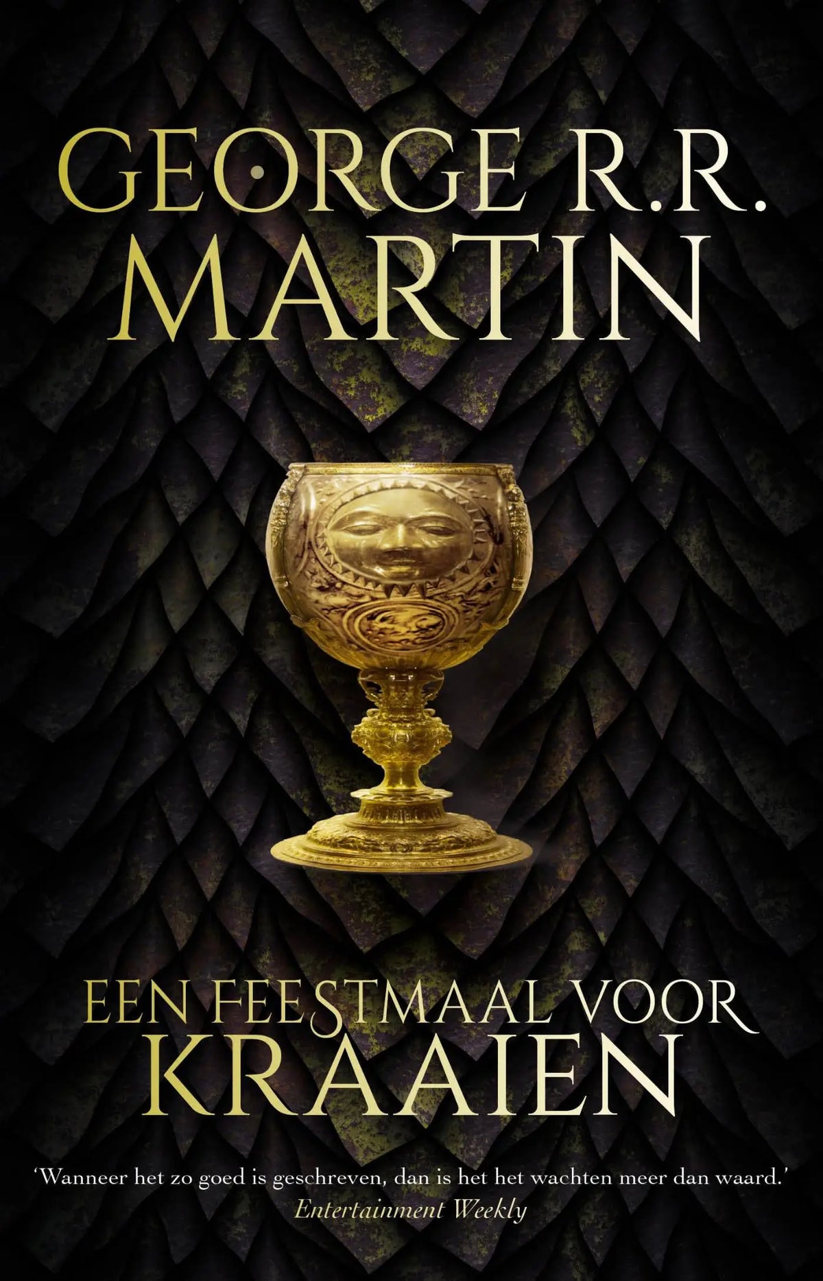 Gouden sierlijke kelk met gedetailleerd gezicht en patroon tegen donkere geschubde achtergrond voor luitingh sijthoff fantasy
