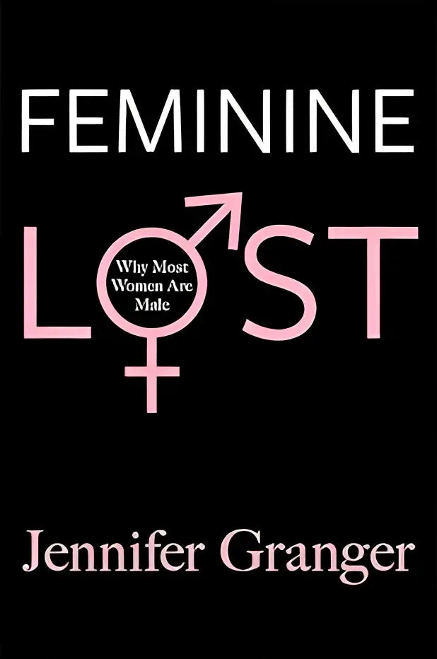 The book feminine lost with bold white and pink title and male symbol over female symbol on solid background