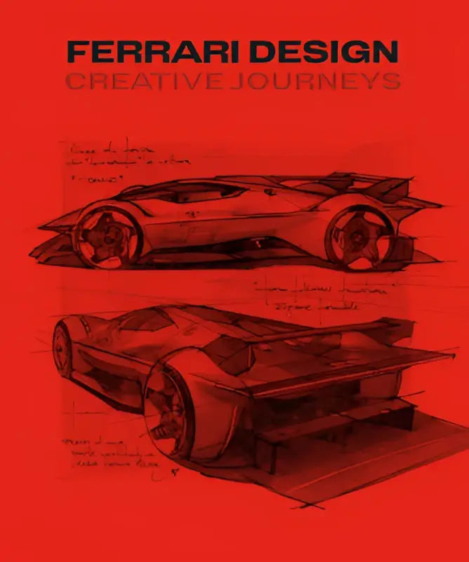 Ferrari design creative journey schetsboek met twee gedetailleerde rode lijntekeningen van futuristische raceauto’s