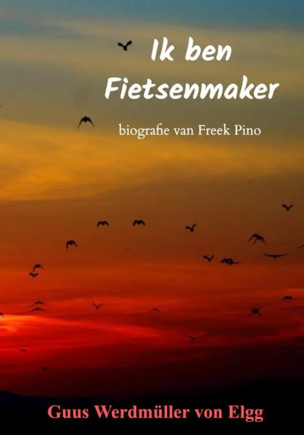 De boekcover toont een biografie van freek pino met een zonsondergang en vogels in vlucht