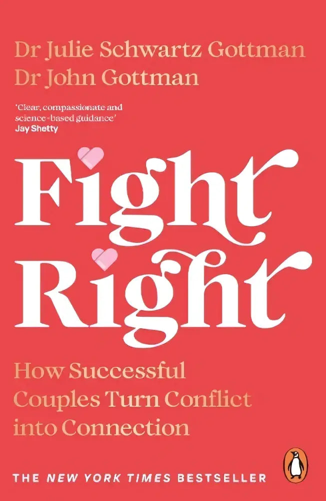 Rood hardcover boek fight right van john schwartz gottman met witte cursieve titel en auteursnaam dr. voor conflictbeheersing