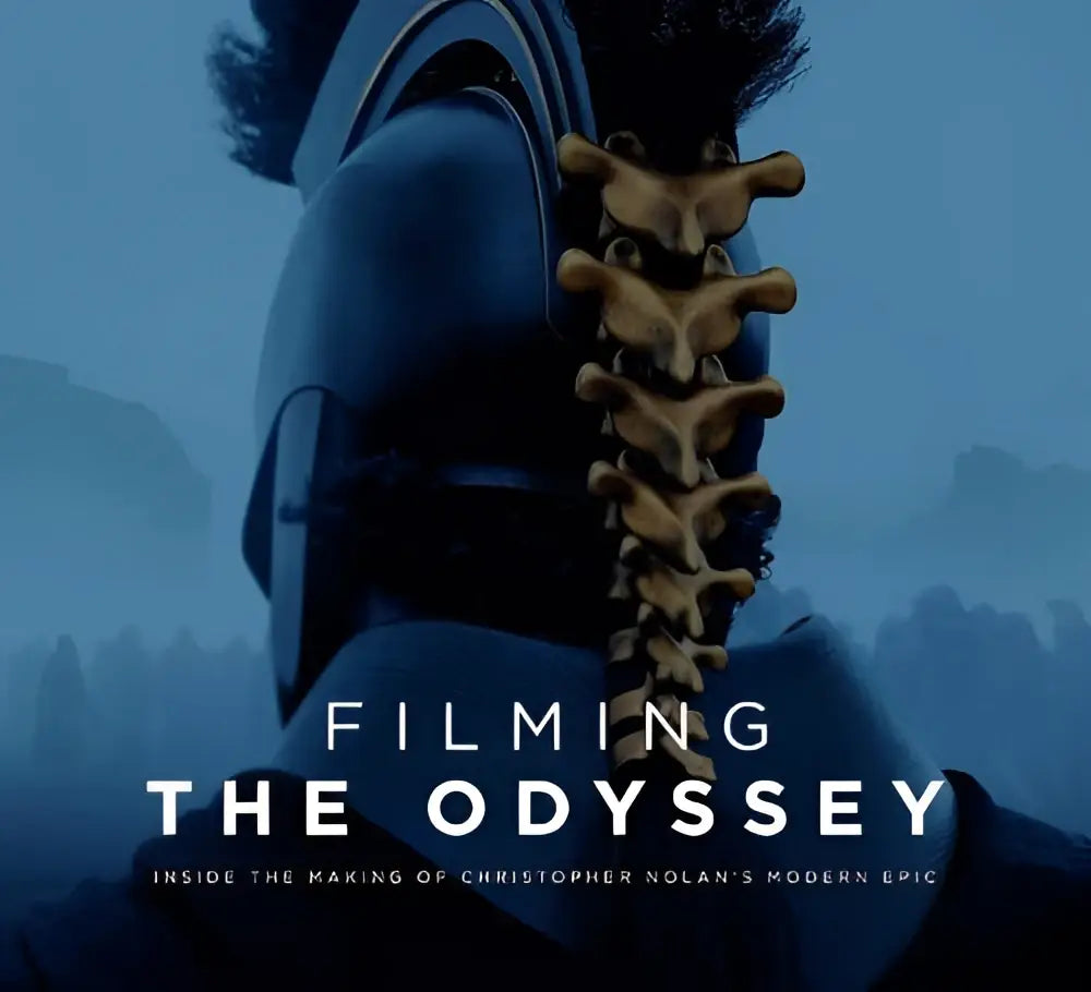 A golden articulated spine-shaped accessory on the back of a dark blue armored figure from filming the odyssey