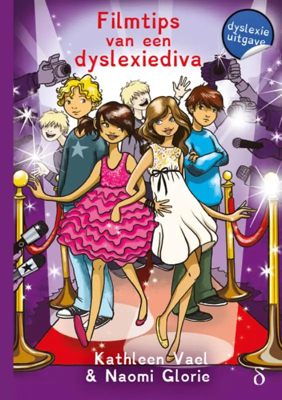 Vibrante paarse boekcover van filmtips van een dyslexiediva met cartoonpersonages door kathleen vael en naomi glorie