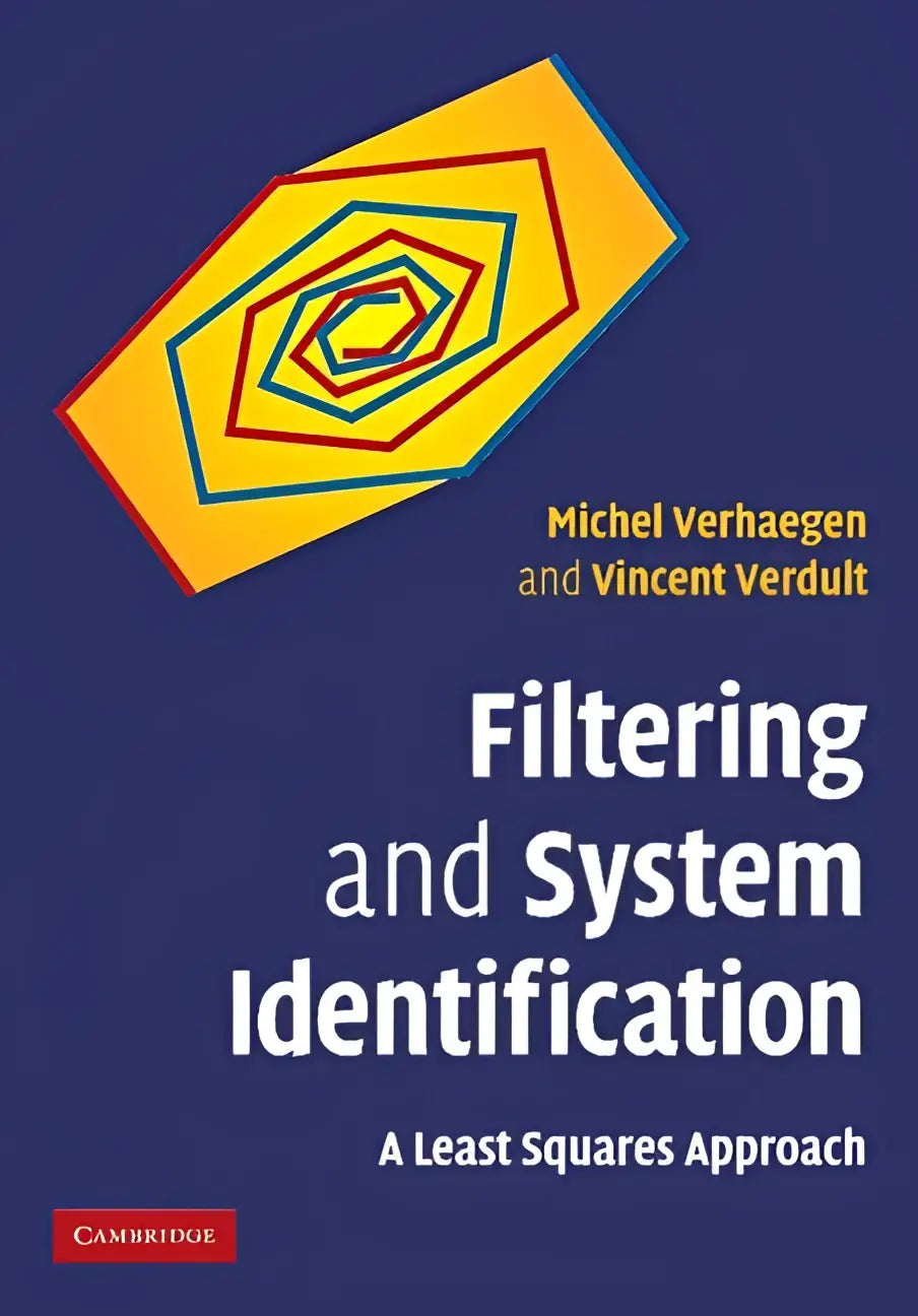 De boekomslag van Filtering and system identification least squares approach toont een geometrisch ontwerp met hexagonen in geel, rood en blauw