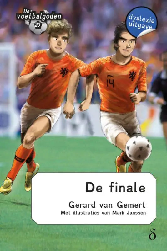 Achterkant van oranje voetbalshirt de finale voetbalgoden 20 met zwarte leeuw en nummer 14
