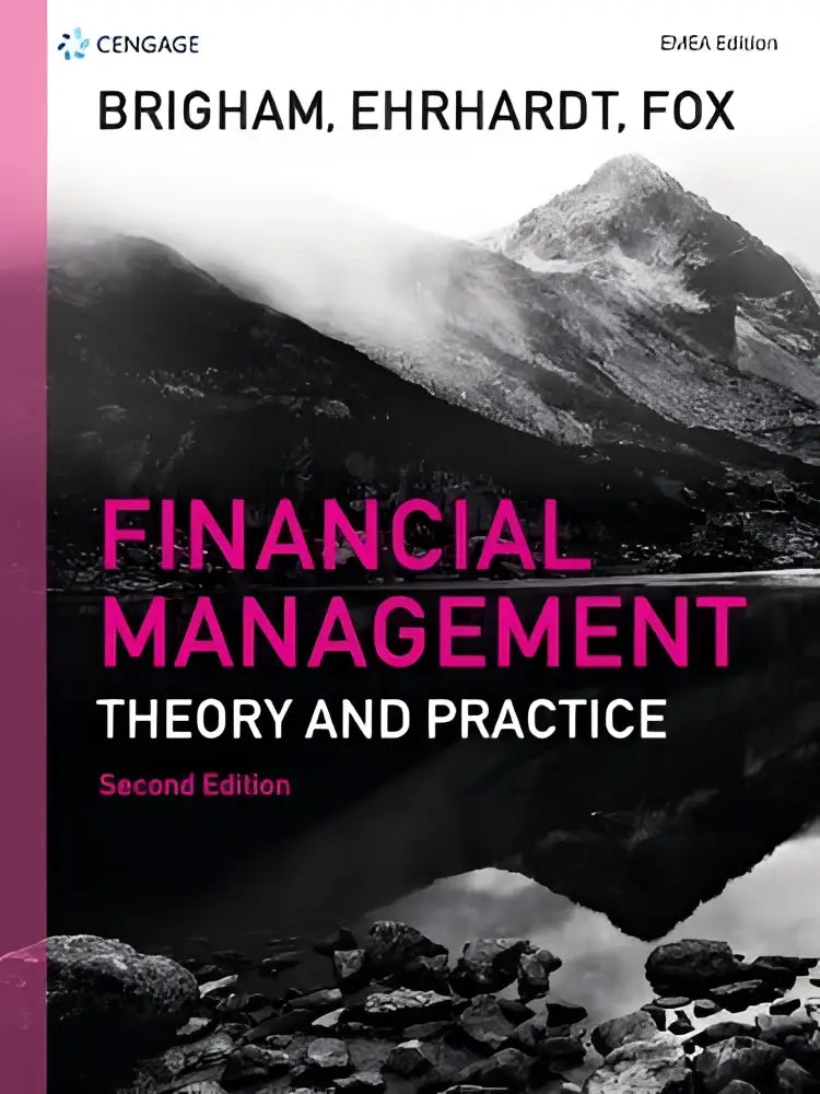 De omslag van financial management emea theory and practice toont een zwarte witte mistige bergfoto met roze titeltekst financial management theory and practice